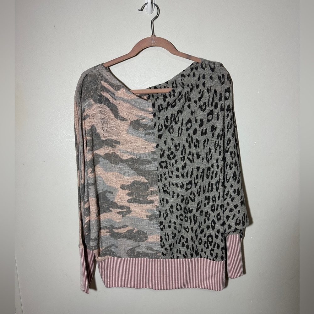 ODDY Pink Camo and Gray Animal Print Top Size M/L Boat Neck Dolman Sleeves